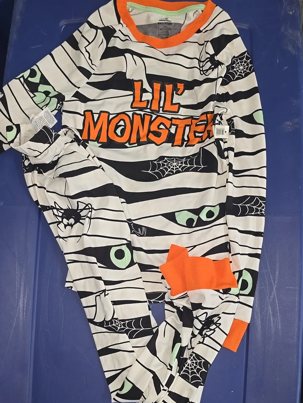 Lil' Monster Kids' One-Piece Pajama - Black & White Stripes with Orange Trim
